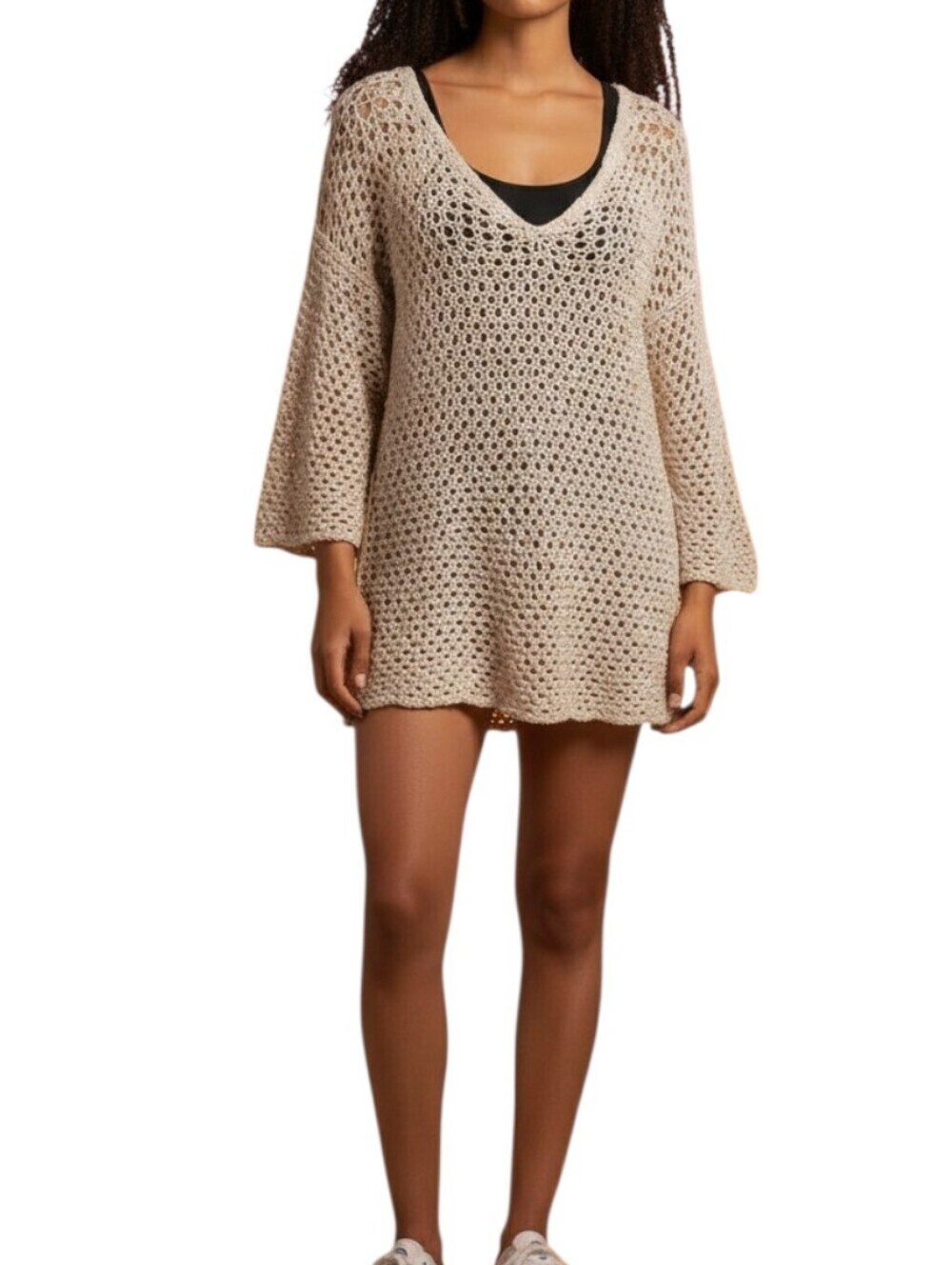 Lou & Grey Crochet Long Sleeve Open Knit Beige Tunic Cover-Up Women Size Small